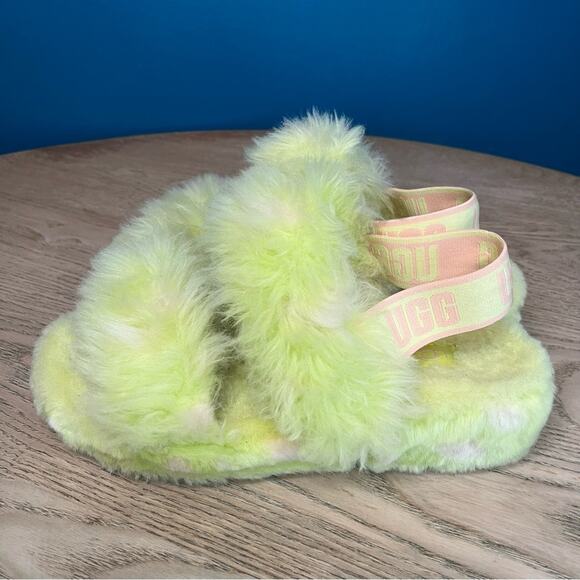 UGG Oh Yeah Spots Slide Slipper Fluffy Sandal Neon Green Pink Women’s Size 7 - Picture 5 of 9